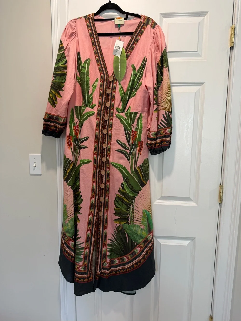 FARM Rio Pink Maxi Dress with Green Tropical Leaf Motif and Black Border - Picture 2 of 3